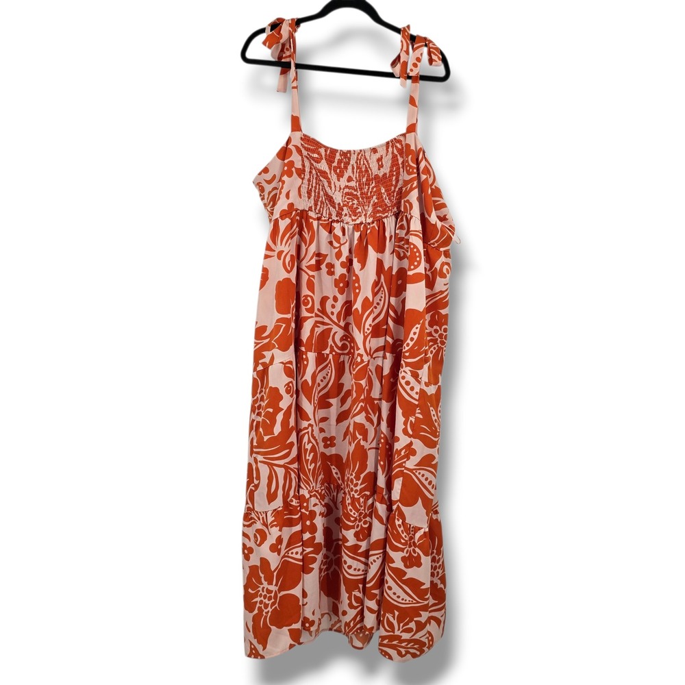 Polagram‎ Orange Pink Floral Tiered Midi Dress Tie Straps Smocked Back Size 3XL